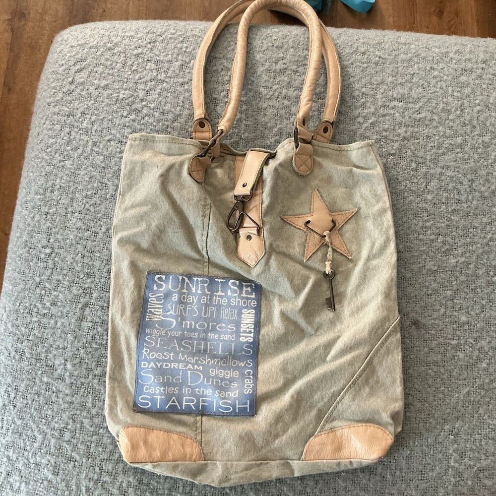 Vintage Addiction Beach Tote Bag Canvas Leather Starfish Coastal Nautical
